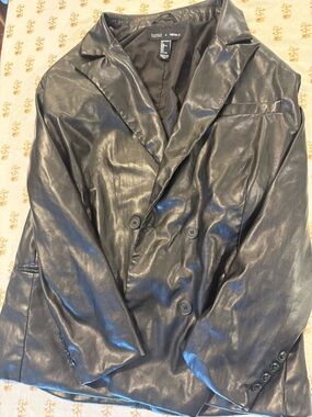 Black Faux Leather Double-Breasted Blazer